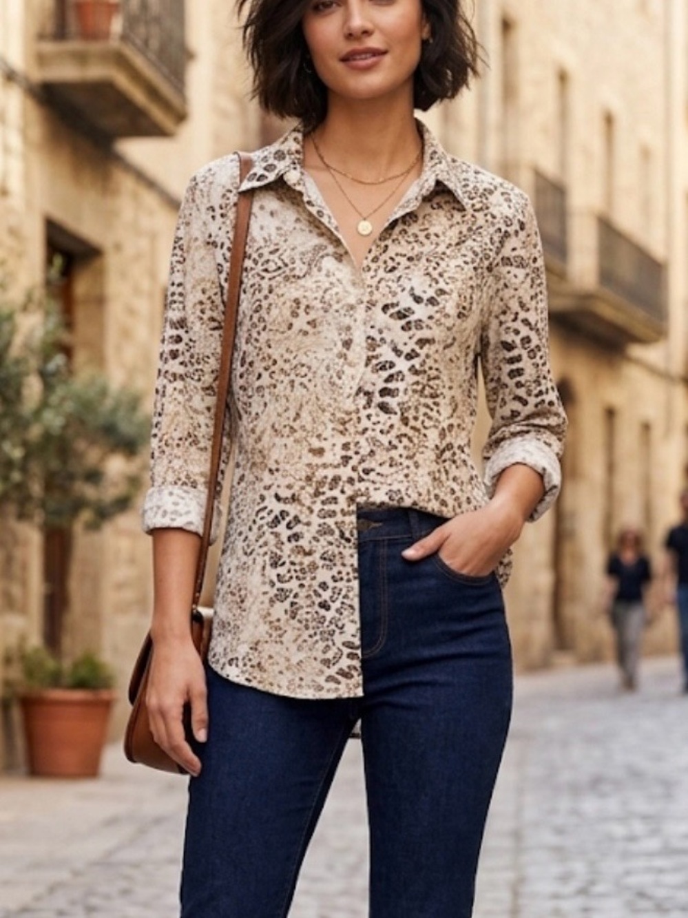 Chicos No Iron Neutral Print Long Sleeve Tunic Shirt Sz 2 ( L )